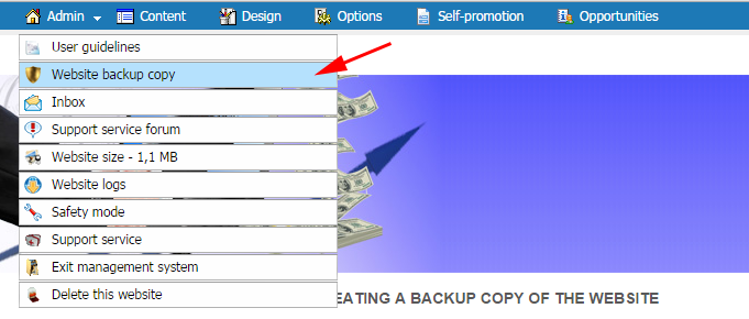 In the top navigation menu of your website management system go to ''Admin'' - ''Website backup copy''