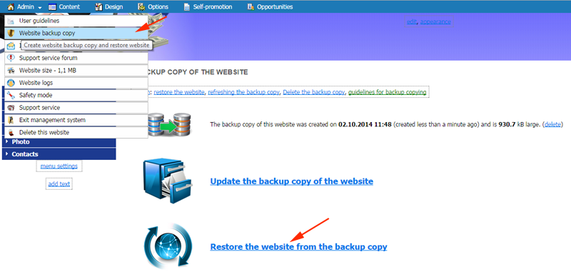 Restore the website from the backup copy
